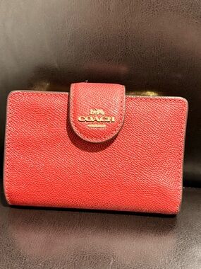 COACH Red Leather Snap-Closure Wallet with Gold Logo
